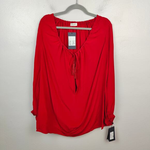 Saint Laurent Blouse Womens FR 40 US 8 Red Silk Puff Sleeve Drawstring Neckline - Picture 1 of 13